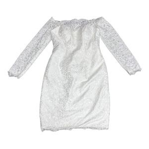 NWT LAN TING wedding/formal white lace of the shoulder mini long sleeve dress
